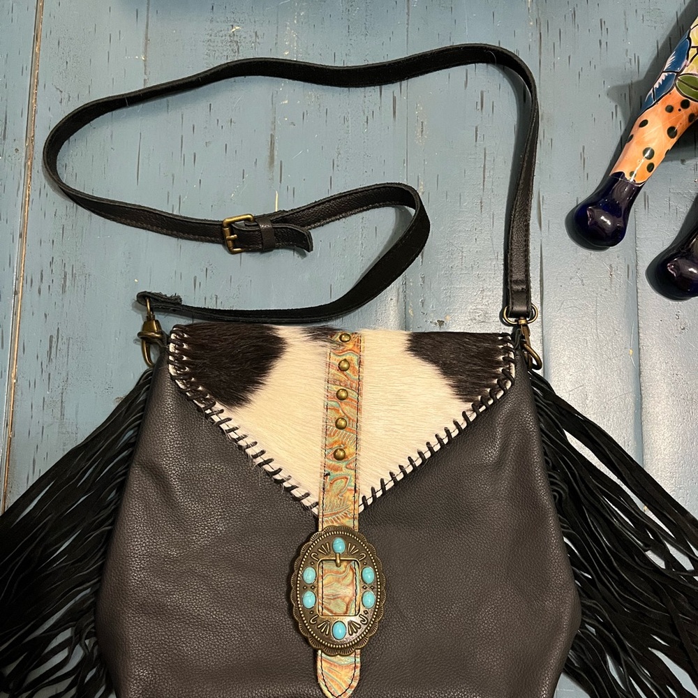 Black and white cow fur Leather Fringe Bag